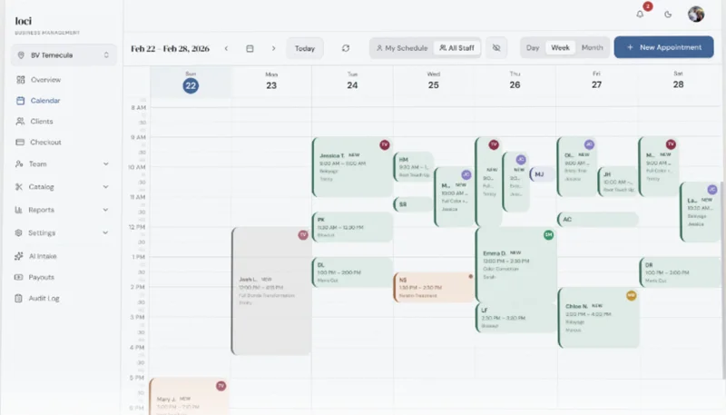 Loci calendar view: a salon's staff, appointments, and open slots for the week